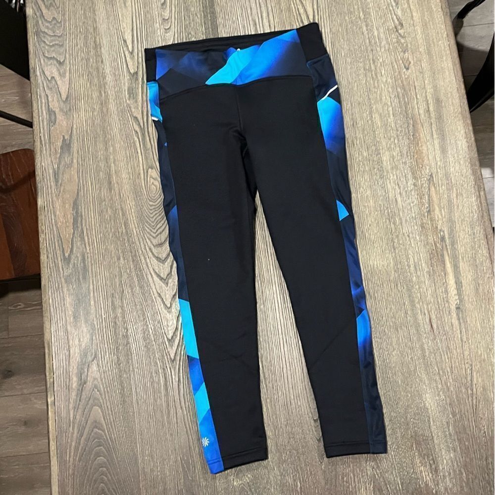 Athleta Womens Power Lift Tight Fleece Lined High Rise Printed Black Blue Size L - Picture 1 of 11